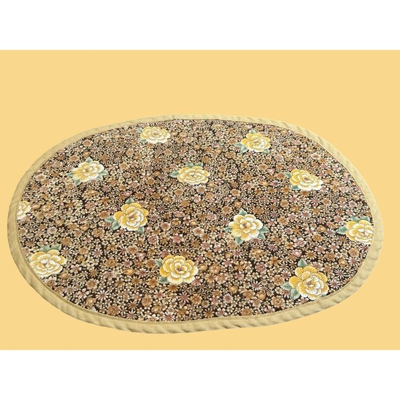 Set of 4 Vintage Handmade Placemats MCM 1960s Brown & Yellow Floral Roses - Picture 4 of 11
